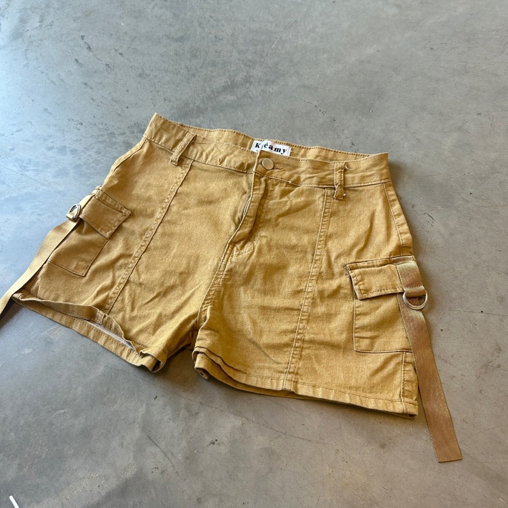 Kreamy Women Mustard Yellow Cargo Shorts D-Ring Strap Utility High Waist Large